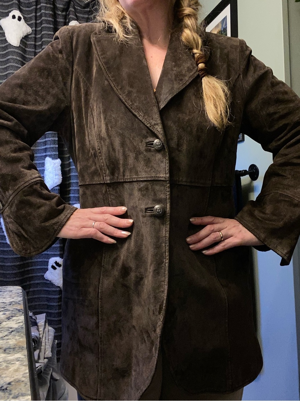 VTG 90s Chocolate Brown Blazer Style Pebbled Suede Fall Jacket Leather Autumn